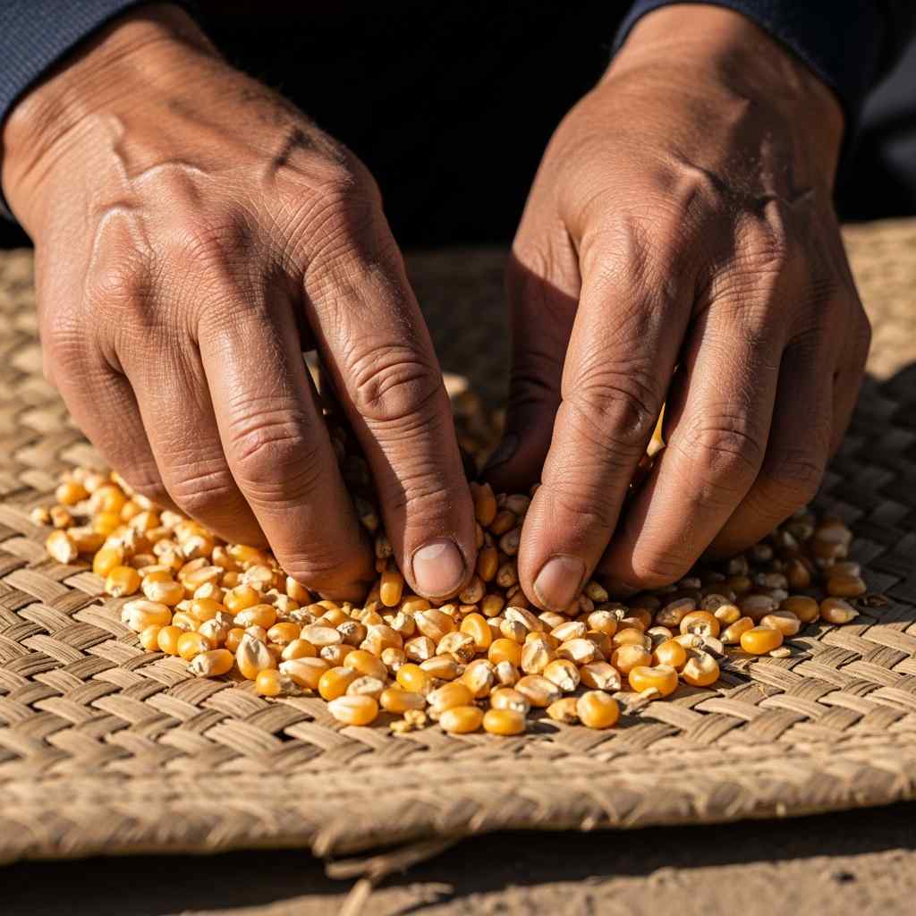 Close-up sifting through a pile corn kernels on a woven mat.