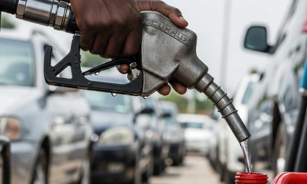 Close-up pumping fuel into an overfilled jerrycan busy station.