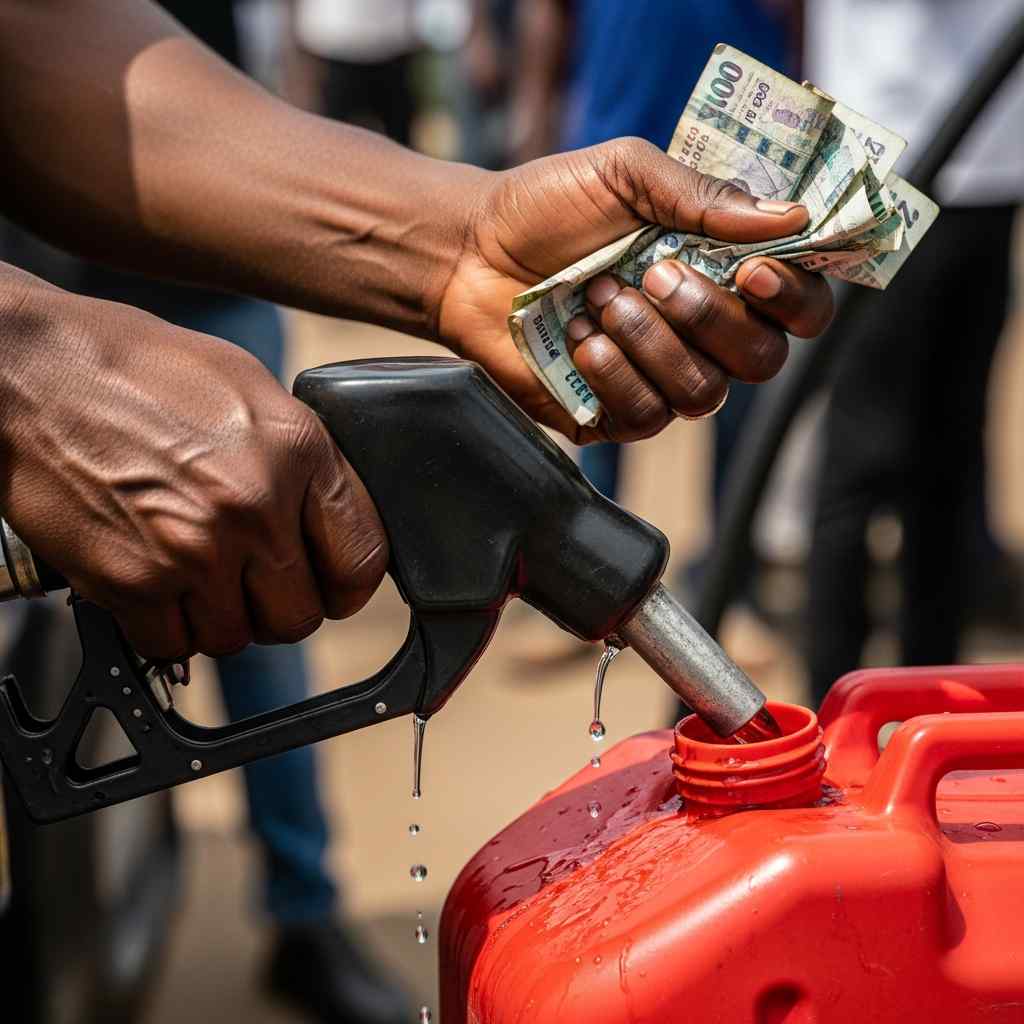 Hands pumping fuel into an overflowing jerrycan while holding crumpled cash.