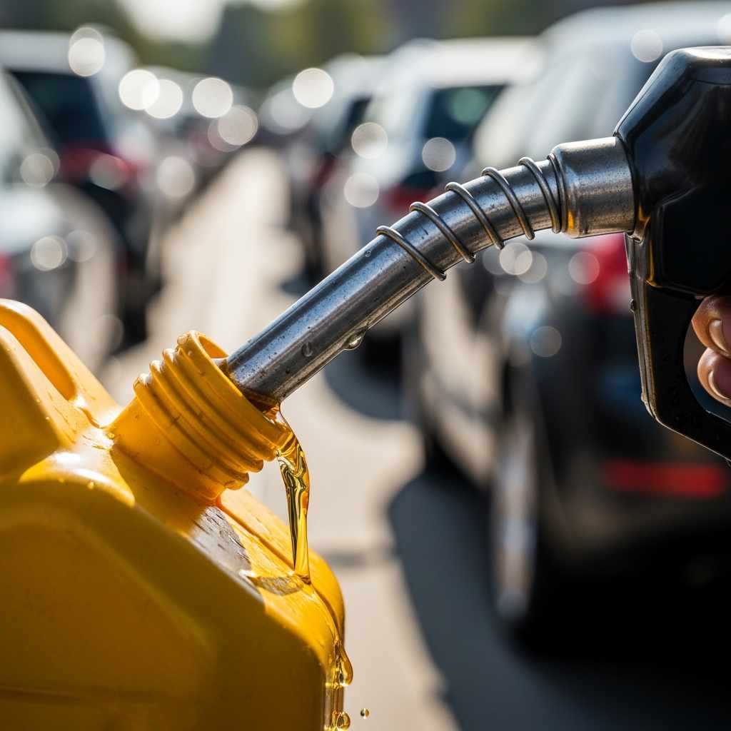 Overfilled jerrycan with spilling fuel and a fuel pump nozzle.