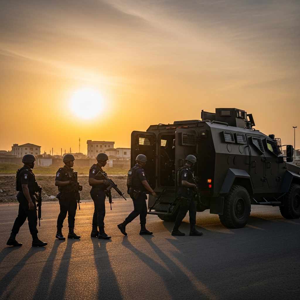 Special Police Protection Unit officers at a base at sunset.