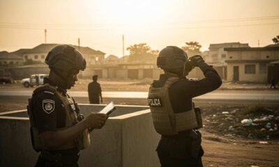 Police officers at a security base during golden hour.