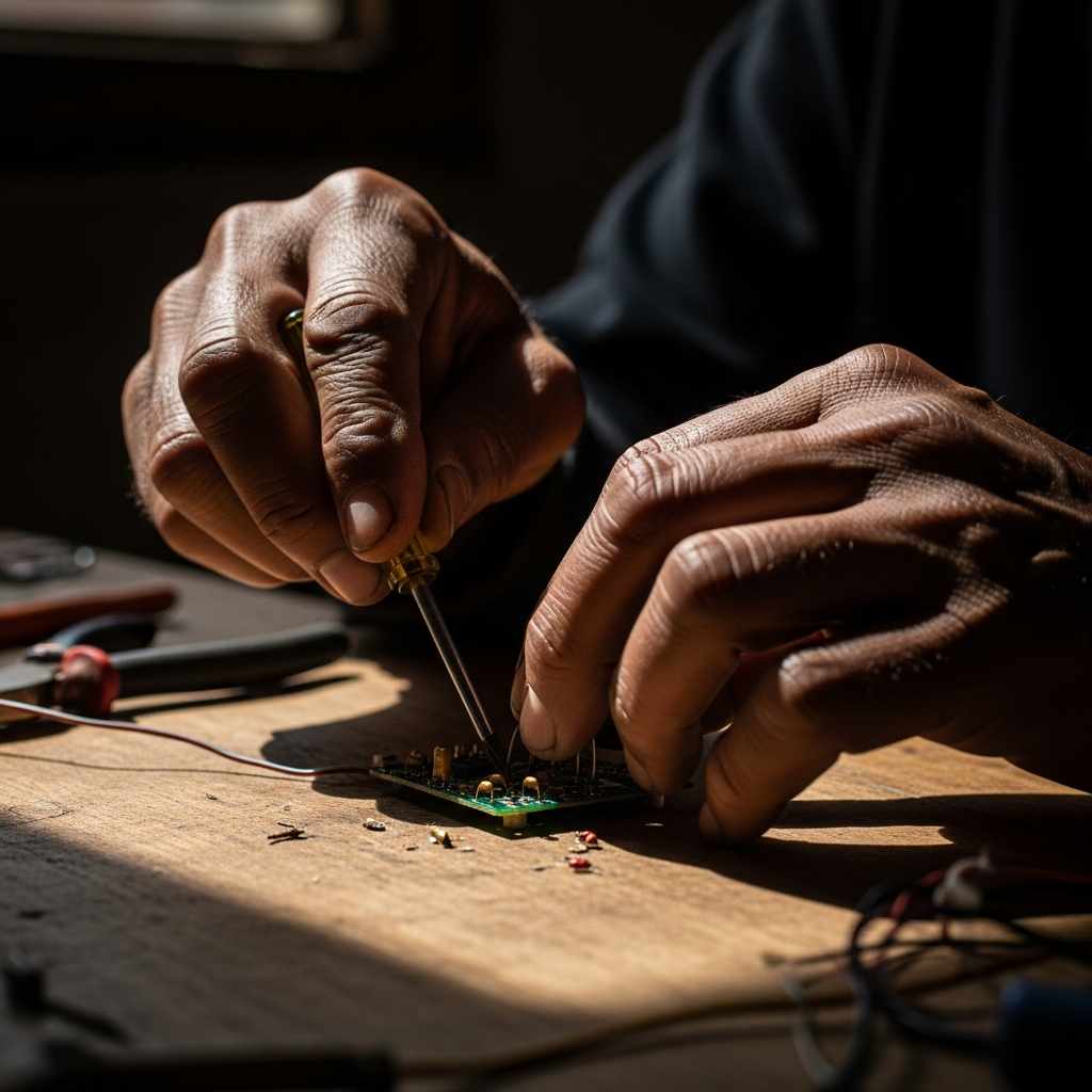 Close-up view assembling electronics with simple tools.