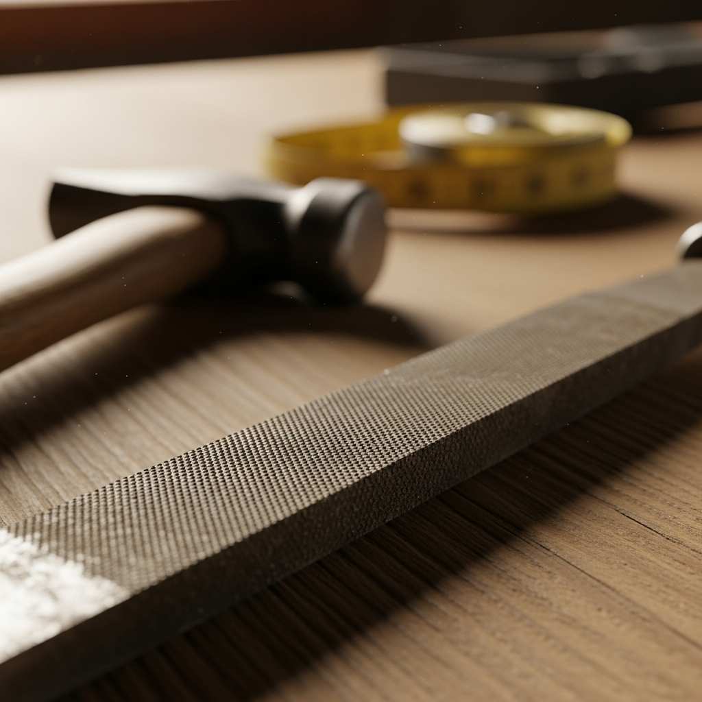 Detailed texture metal tools on a wooden surface light.
