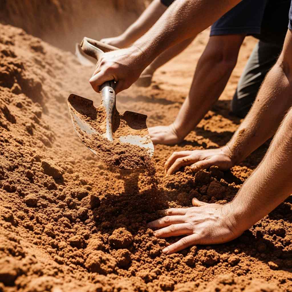 Dusty hands and a rusted shovel digging through a pile sand.