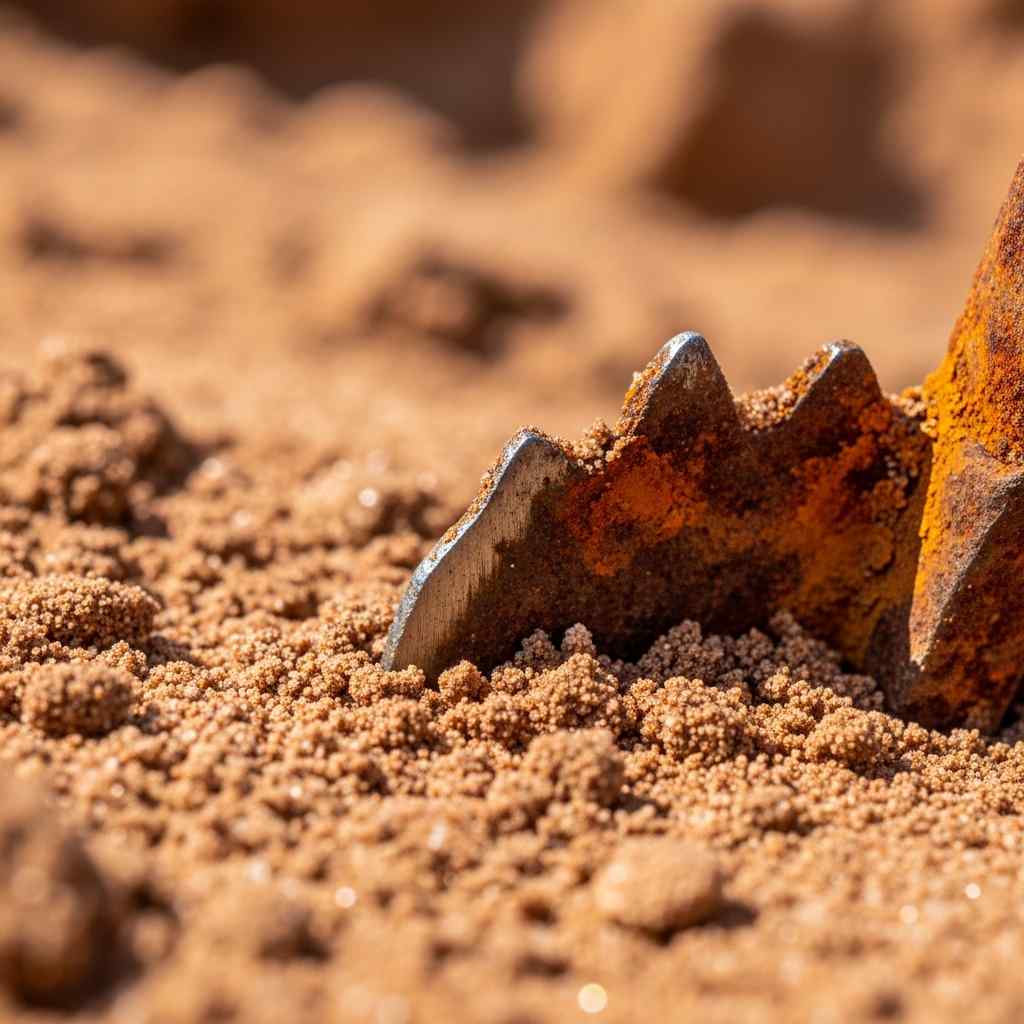 Close-up sand and a rusted metal tool partially buried.