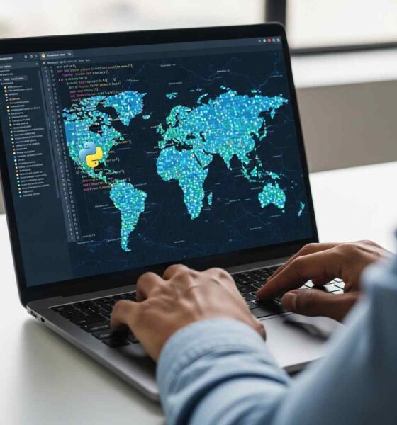 Close-up tech professional coding a digital map visualization on a laptop.