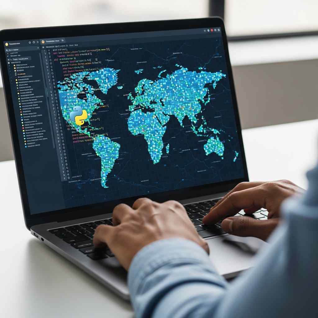 Tech professional coding a digital map visualization on a laptop