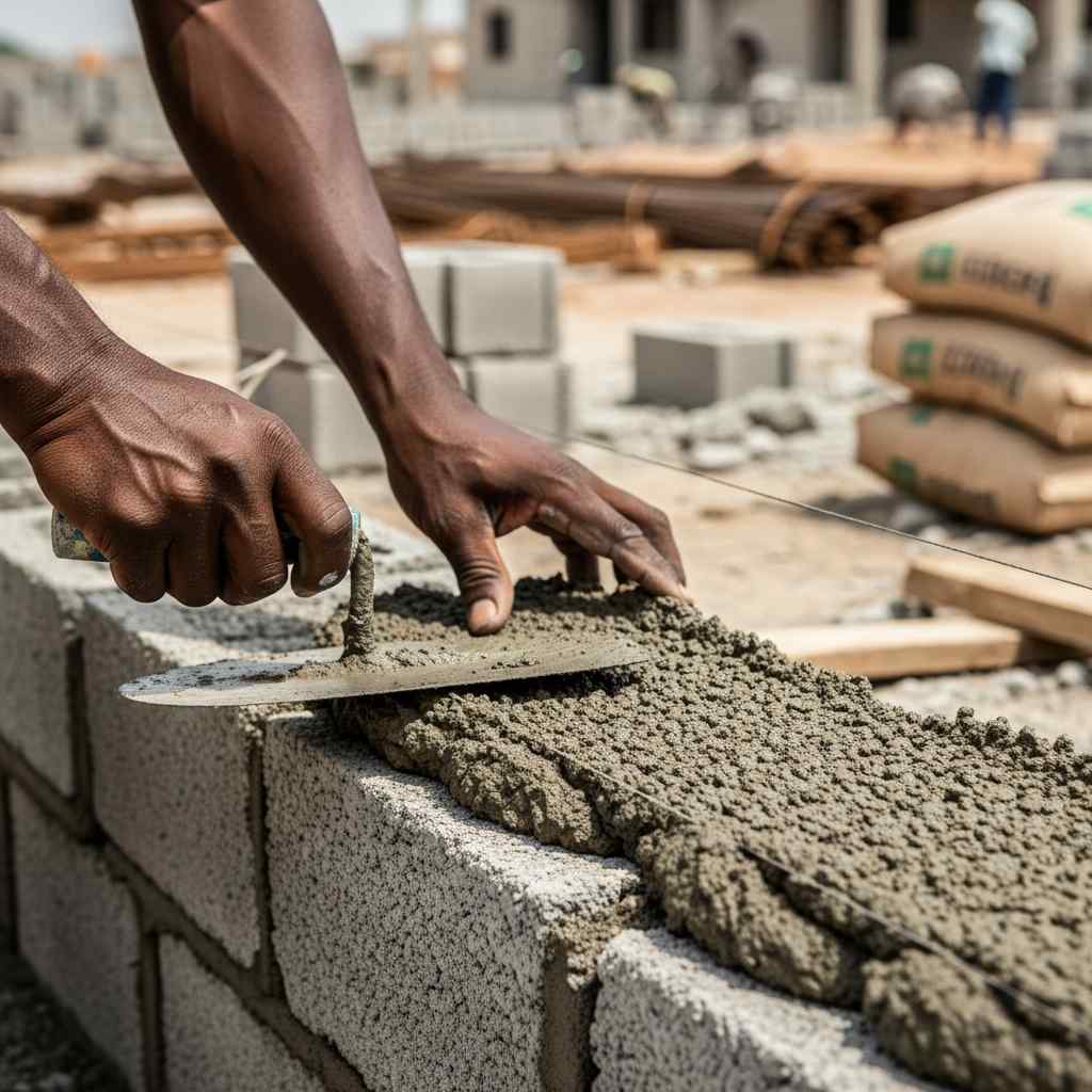 Close-up using a trowel to spread cement on cinder blocks construction site