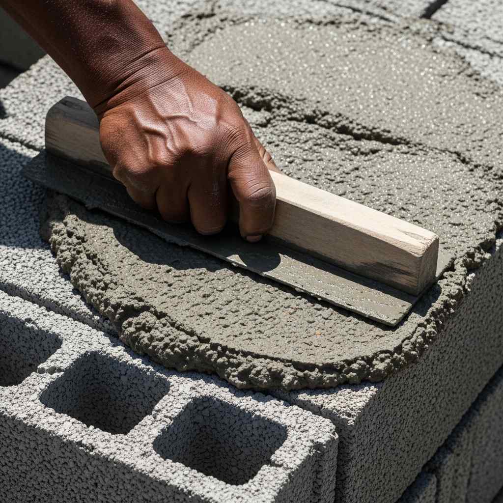 Close-up hand smoothing wet cement on a cinder block wall with a wooden tool