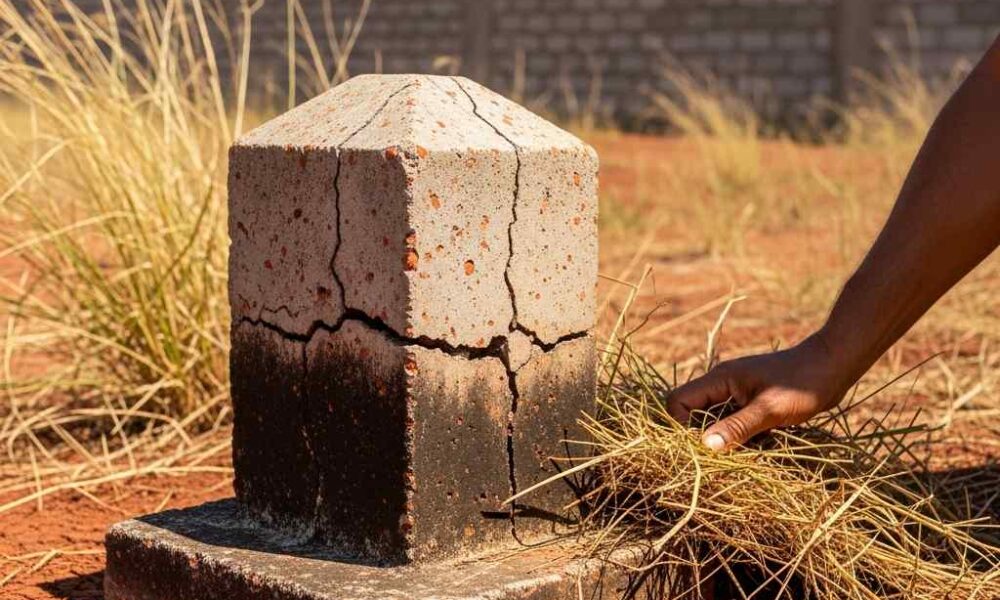 A concrete boundary pillar sits soil as a hand clears away surrounding brush
