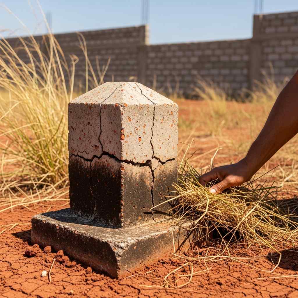 A concrete boundary pillar sits soil as a hand clears away surrounding brush