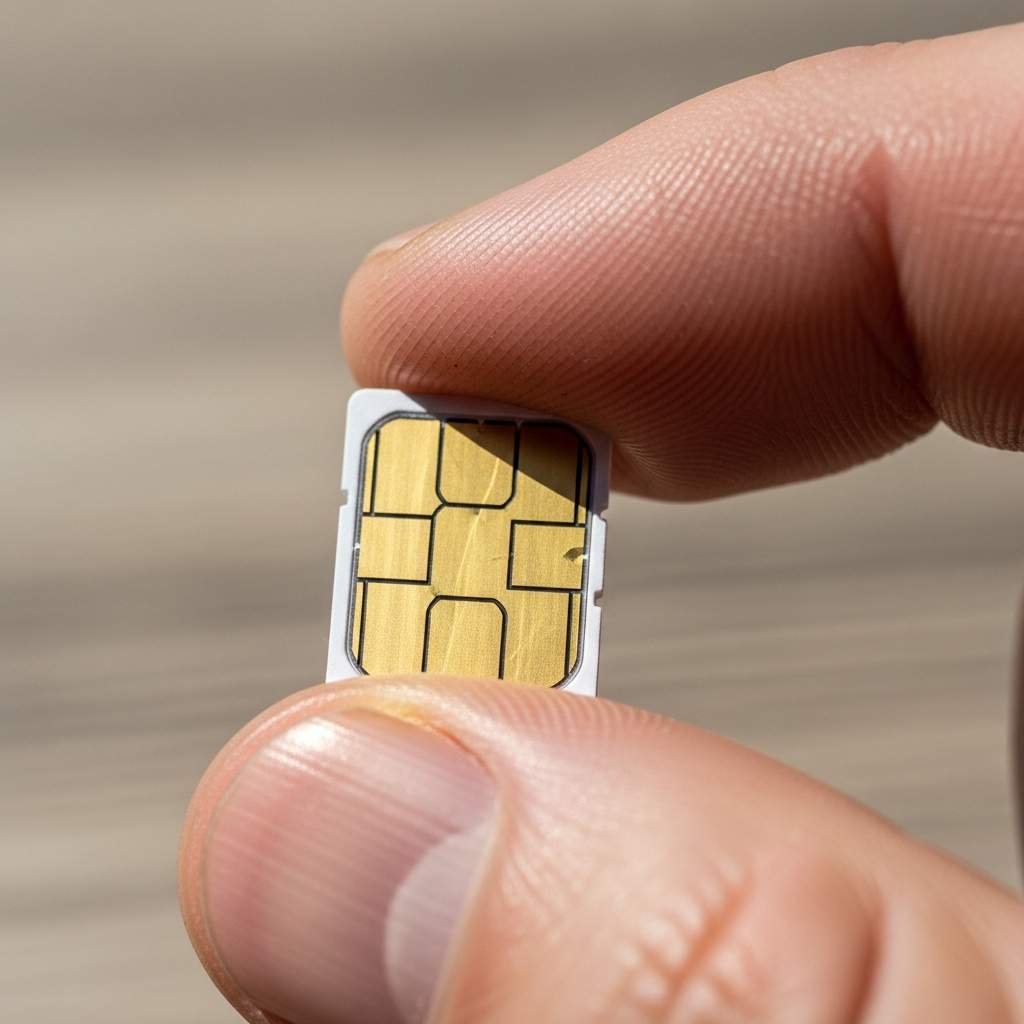 Extreme close-up SIM card held between fingers, showing gold contact points