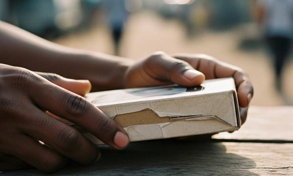 Close-up holding a cardboard mobile phone box on a weathered wooden table