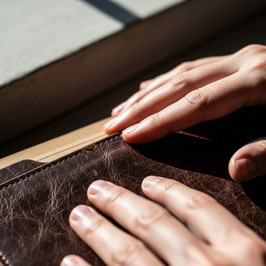Extreme close-up holding a brown leather document folder light