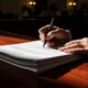 Close-up signing white papers on a dark wooden desk natural light