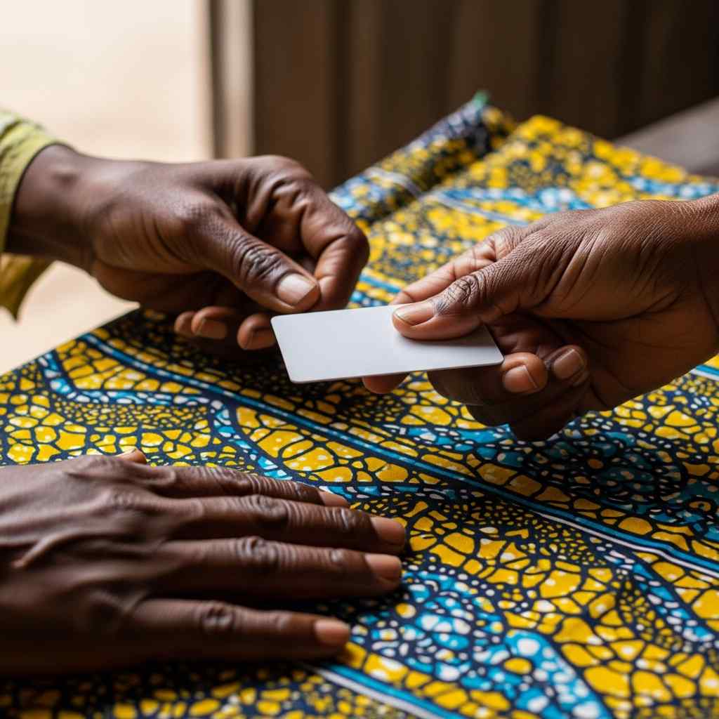 Close-up holding a pla card over colorful patterned fabric