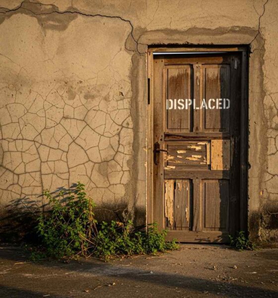 Weathered door marked DISPLACED on cracked wall in Nigeria