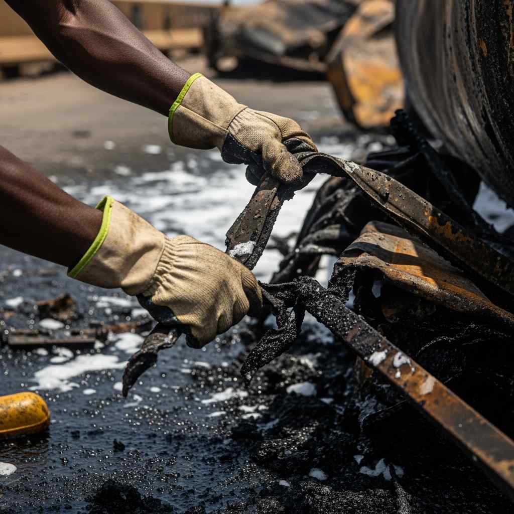Gloved hands pulling charred metal wreckage on a scorched highway.