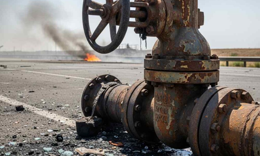 Close-up blackened, heat-warped metal valve on a soot-covered road.