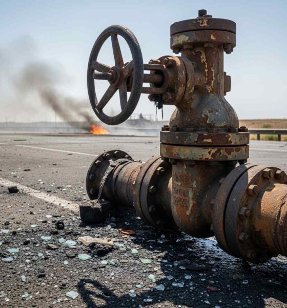 Close-up blackened, heat-warped metal valve on a soot-covered road.