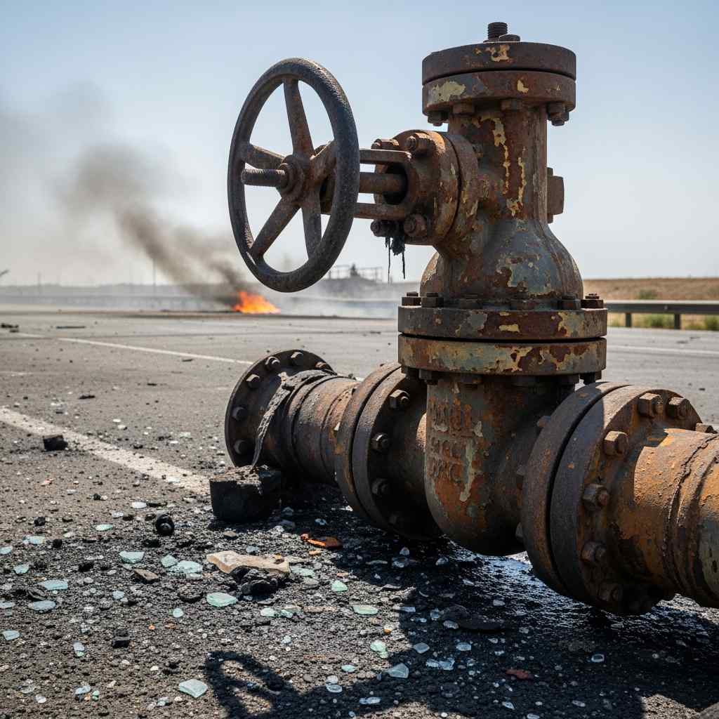Close-up blackened, heat-warped metal valve on a soot-covered road.