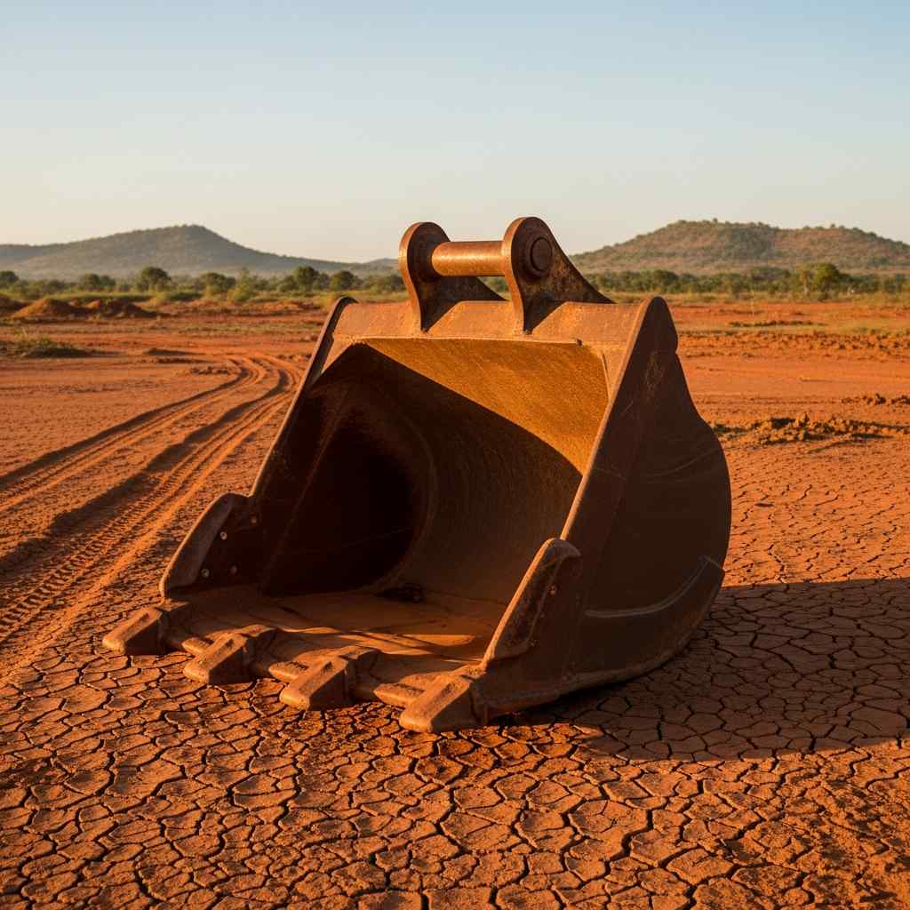 Rusted mining excavator bucket abandoned on cracked red earth at sunset