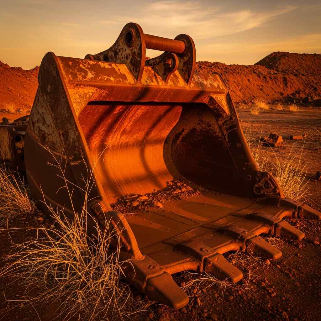 Rusted mining excavator bucket abandoned situation at sunset.