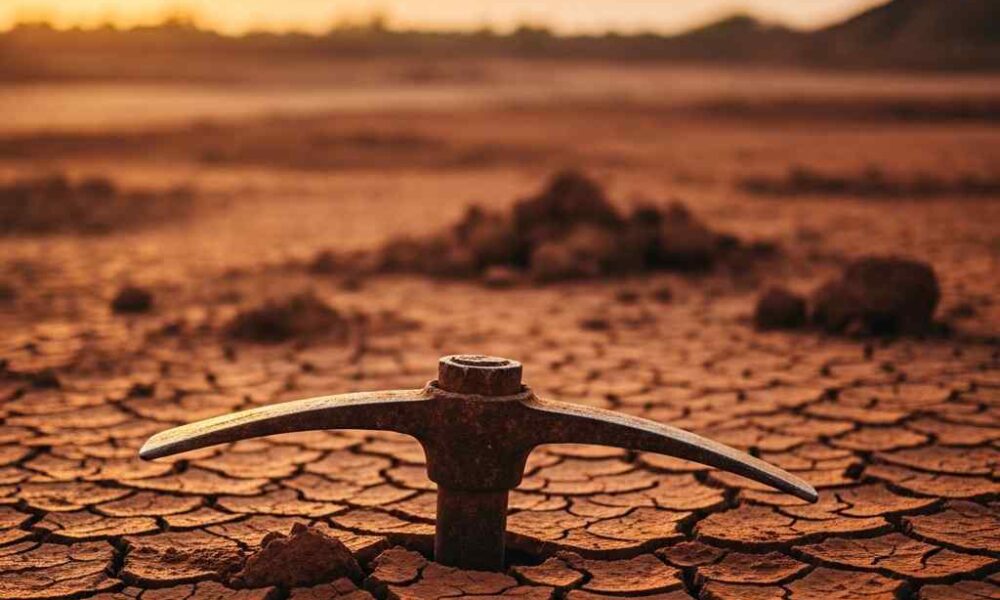 Abandoned mining pickaxe in cracked earth at a Nigerian site at sunset.