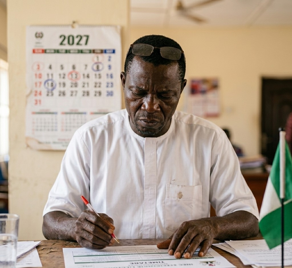 INEC 2027 timetable document on wooden desk with calendar and pen showing election datesFeatured Image Description:
Digital photograph of printed INEC election timetable document spread on a wooden desk surface. A desk calendar open to January 2027 visible beside the document. Red pen resting on paper with certain dates circled. Office background completely blurred. Natural daylight from window. Document shows official INEC header and columns of dates. Photographed from slightly above angle. First quarter 2026.Featured Image Title:
inec-2027-timetable-document-desktop.jpg