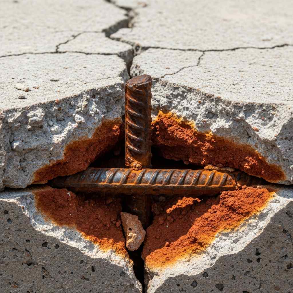 Close-up of rusted steel rebar protruding from cracked concrete with red soil visible in fractures.