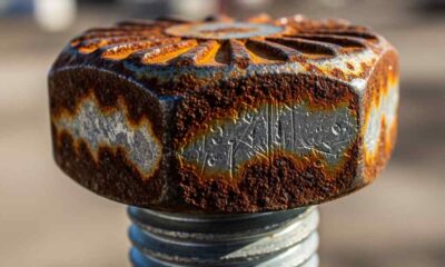 A single rusted steel bolt on a construction beam.