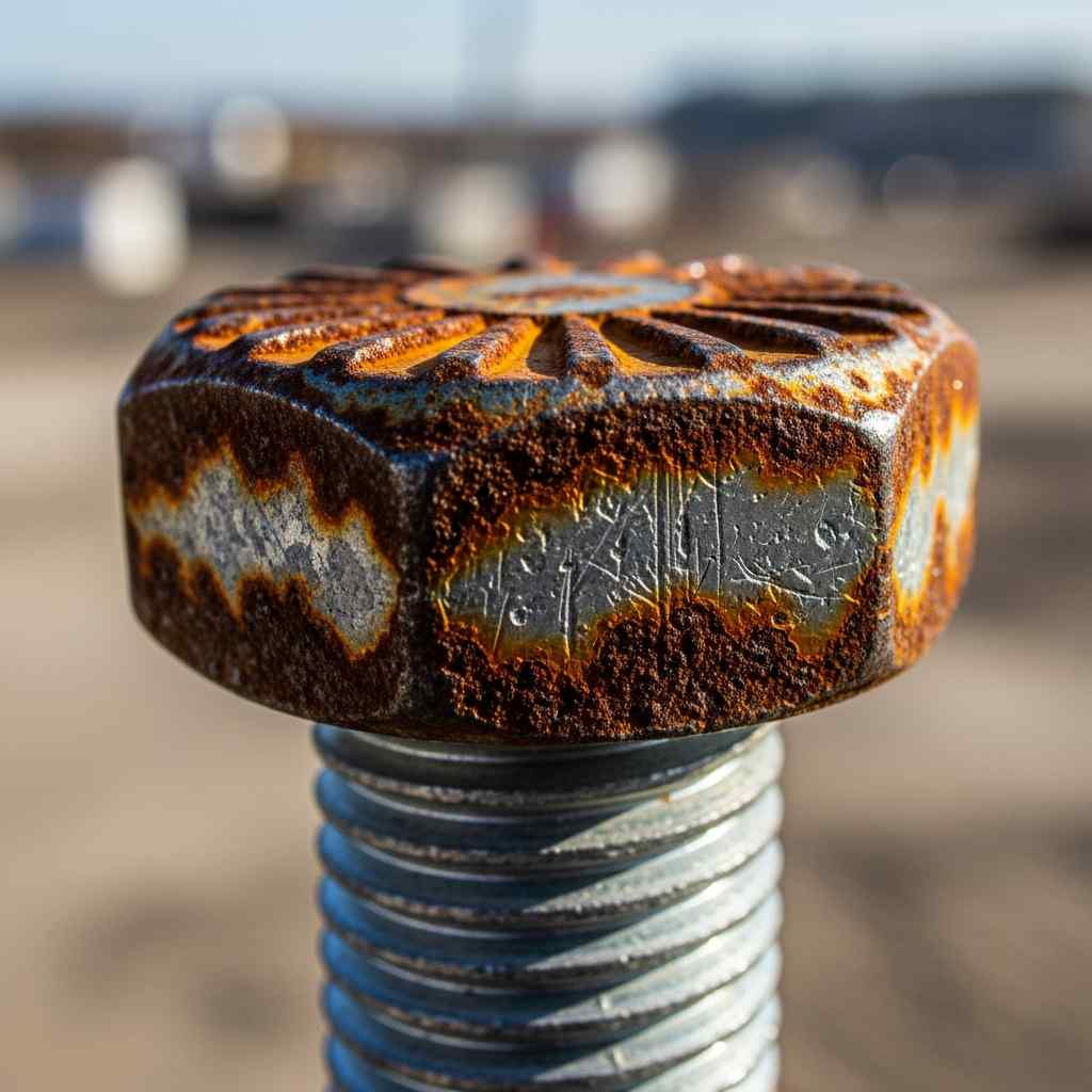 A single rusted steel bolt on a construction beam.