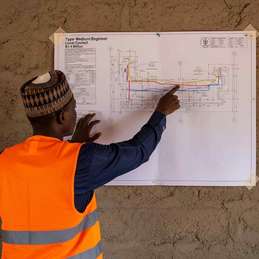 An engineer in a high-vis vest points at a technical blueprint on a concrete wall, planning infra...