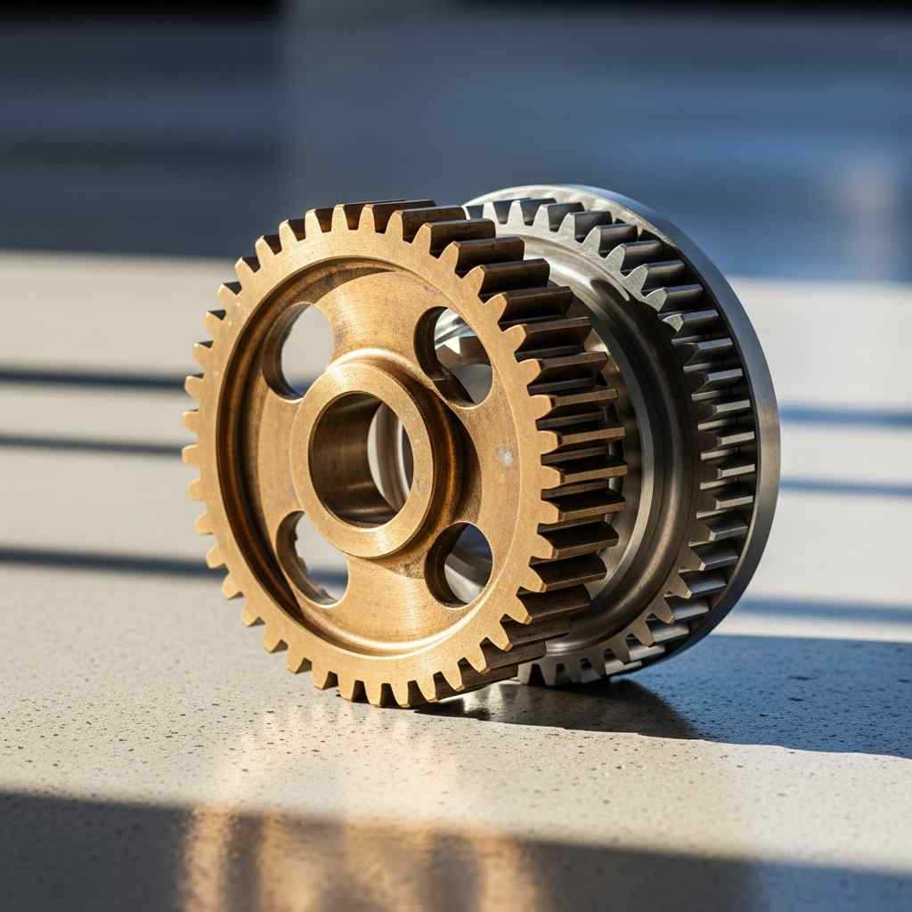 Three interlocking metal gears on concrete, symbolizing inter-agency cooperation.