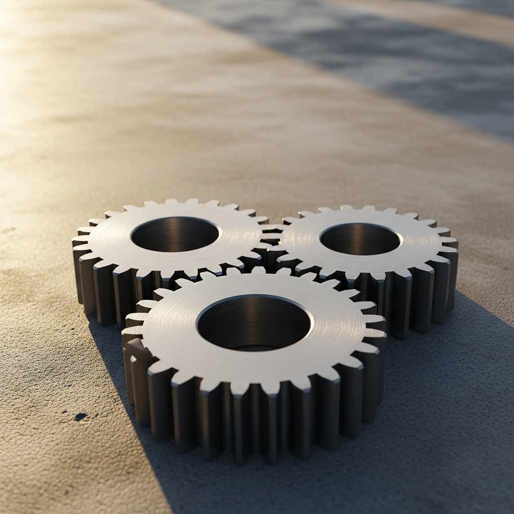 Close-up of three interlocking metal gears on concrete, symbolizing security agency coordination.