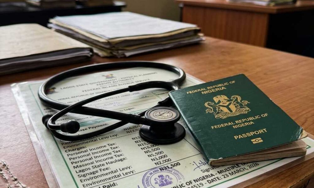 Close-up digital illustration of a dark green passport and a black stethoscope resting on an official tax document.