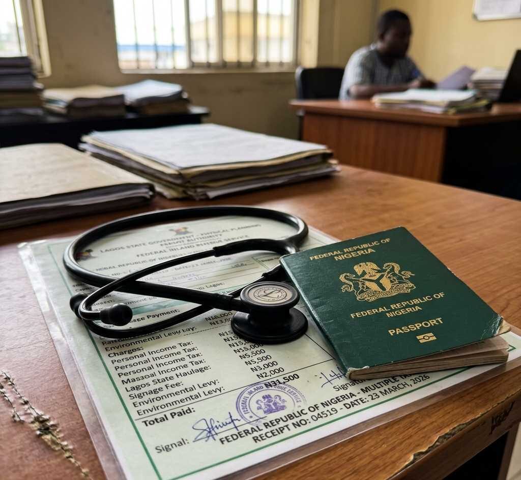 Green Nigerian passport and stethoscope on a tax document