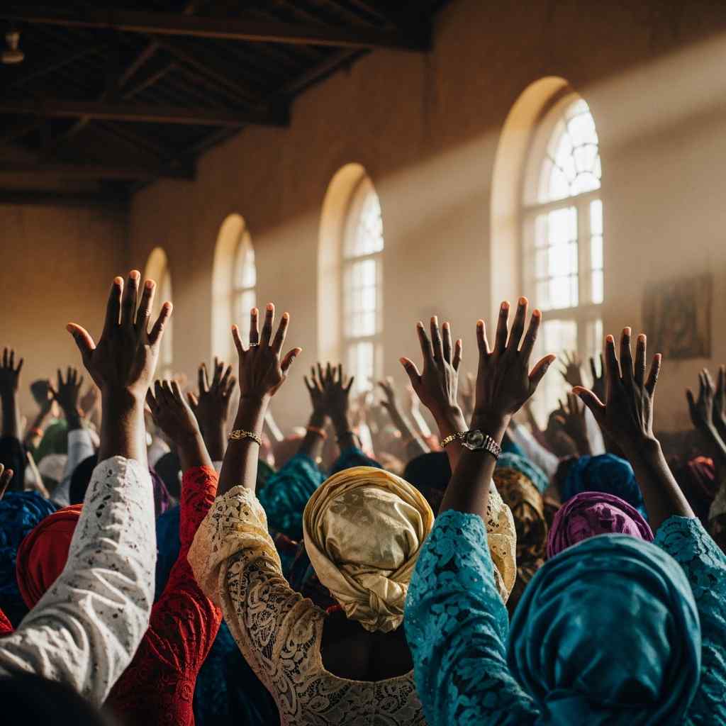 Close-up raised toward the light crowded room