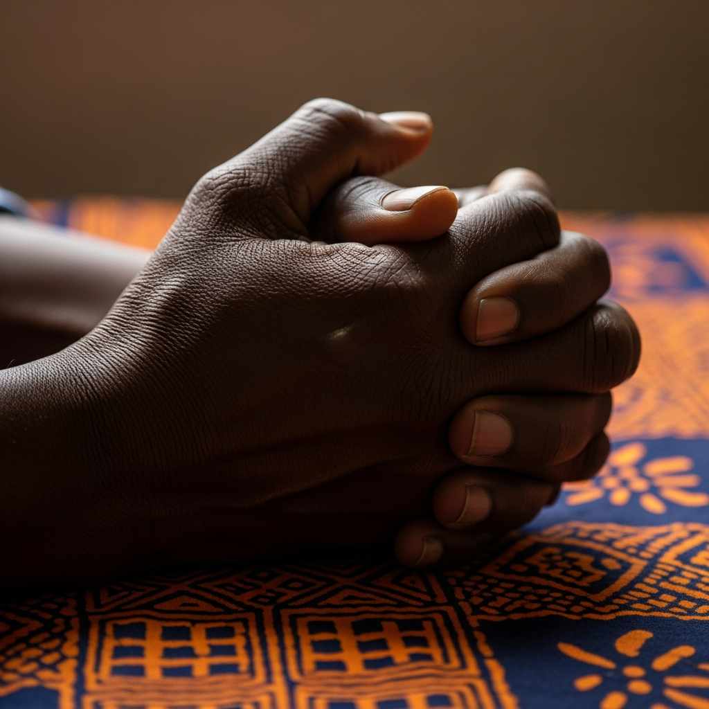A close-up of dark-skinned hands clasped over colorful patterned fabric
