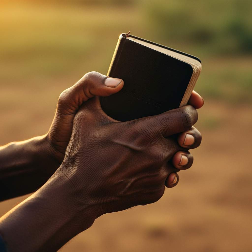 Close-up hands holding a small, worn Bible sunlight