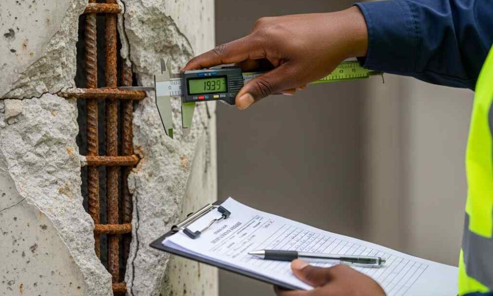 Inspector measures cracked concrete column with exposed steel rebar.