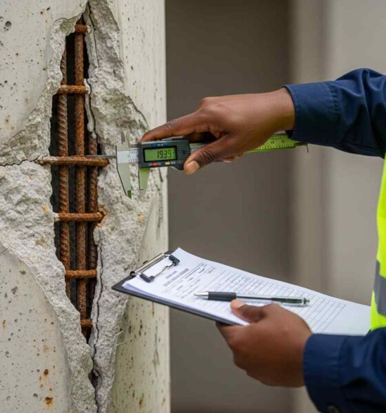 Inspector documents cracks and exposed rebar in concrete column
