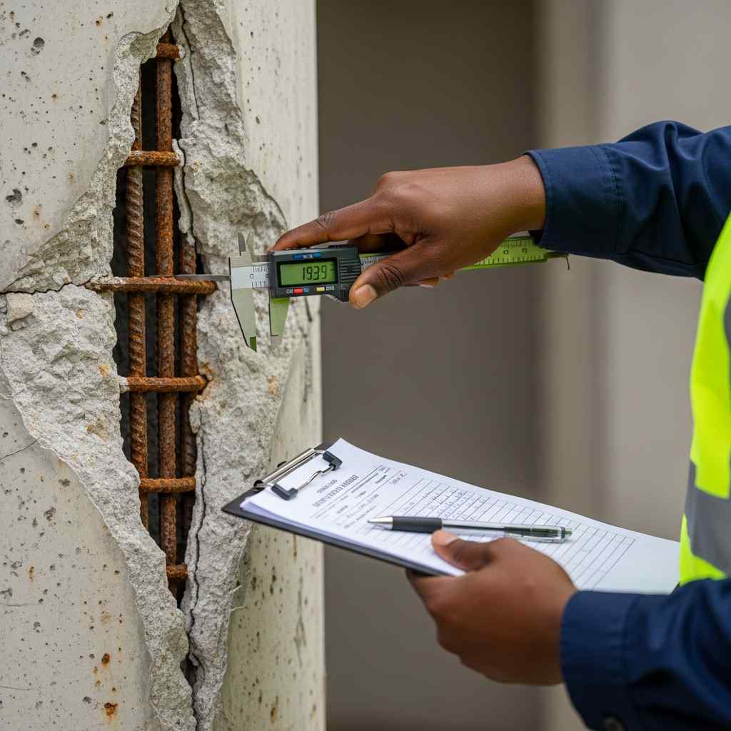 Inspector measures cracked concrete column with exposed steel rebar.