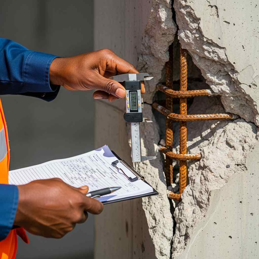 Hands using a caliper to measure a crack concrete column with exposed rebar.