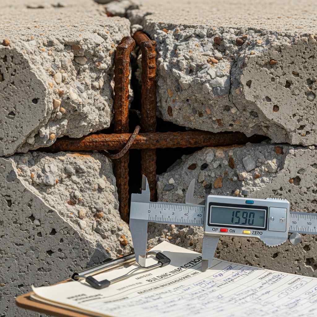 Close-up concrete with exposed rebar being measured during an inspection.