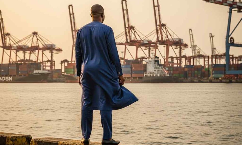 Business person views the industrial port dock hour.