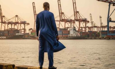 Business person views the industrial port dock hour.