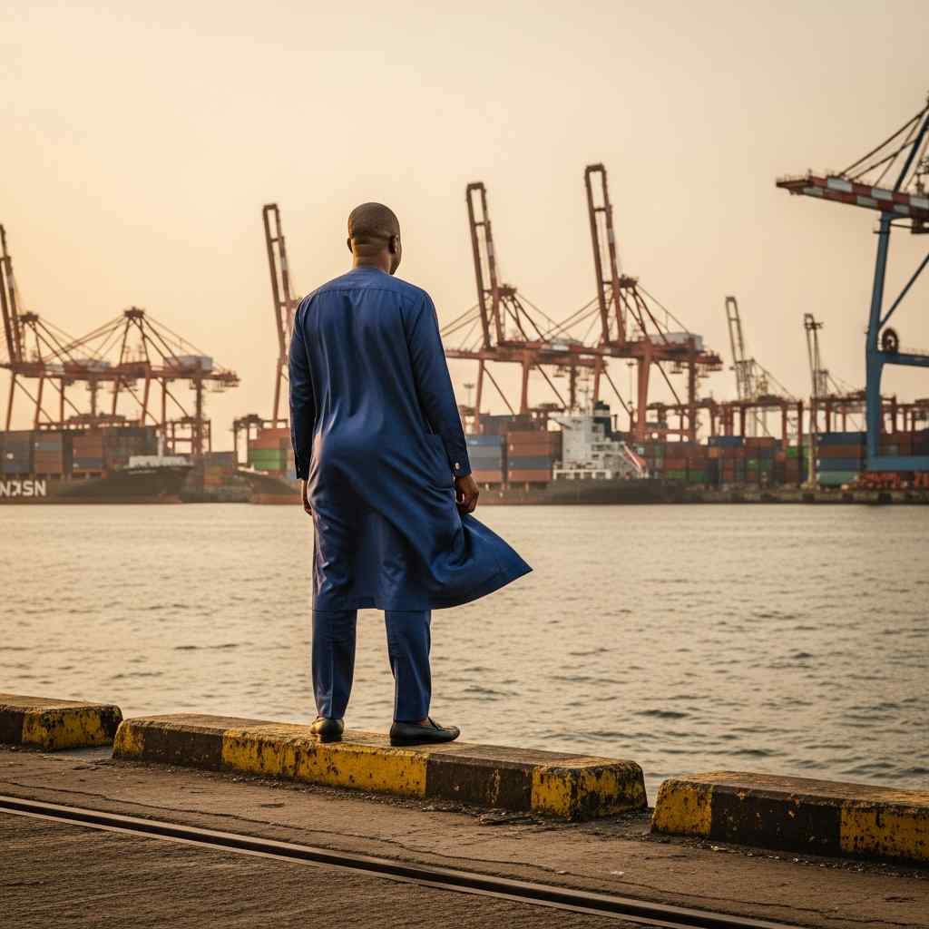 Business person views the industrial port dock hour.