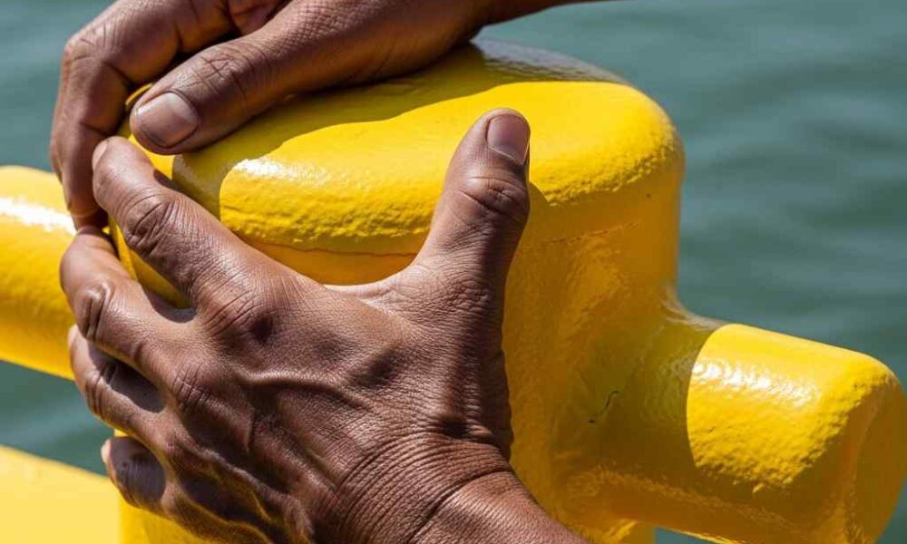 Hands gripping a new yellow mooring bollard on the Okrika jetty.